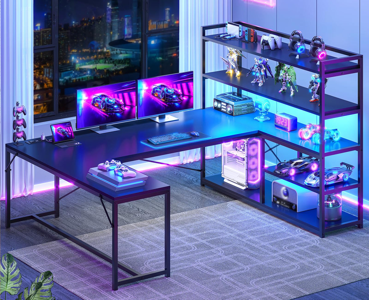 Black L Shaped Gaming Desk with Power Outlet and Storage Shelves X453