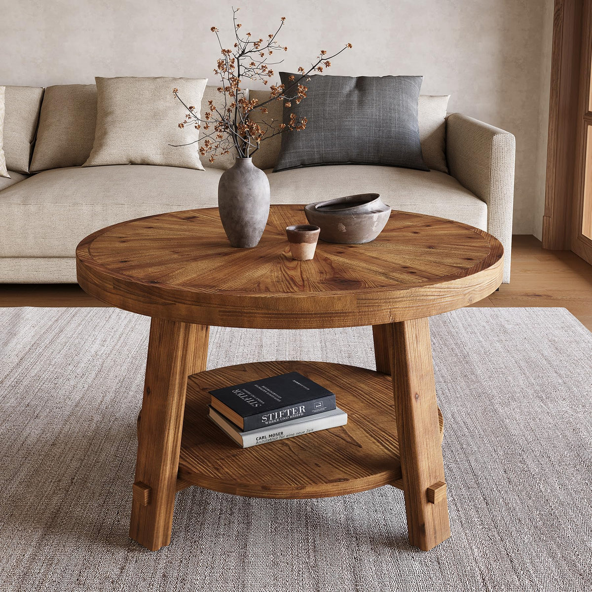 Solid Wood 2-Tier Round Coffee Table with Storage E3734