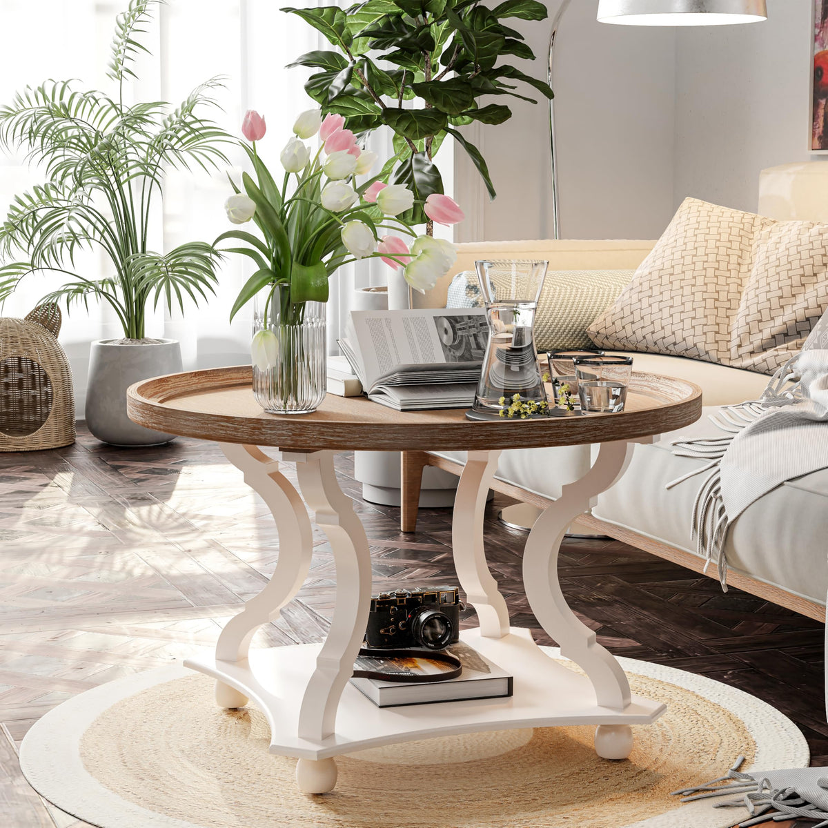 Round White Coffee Table with Tray Top I529