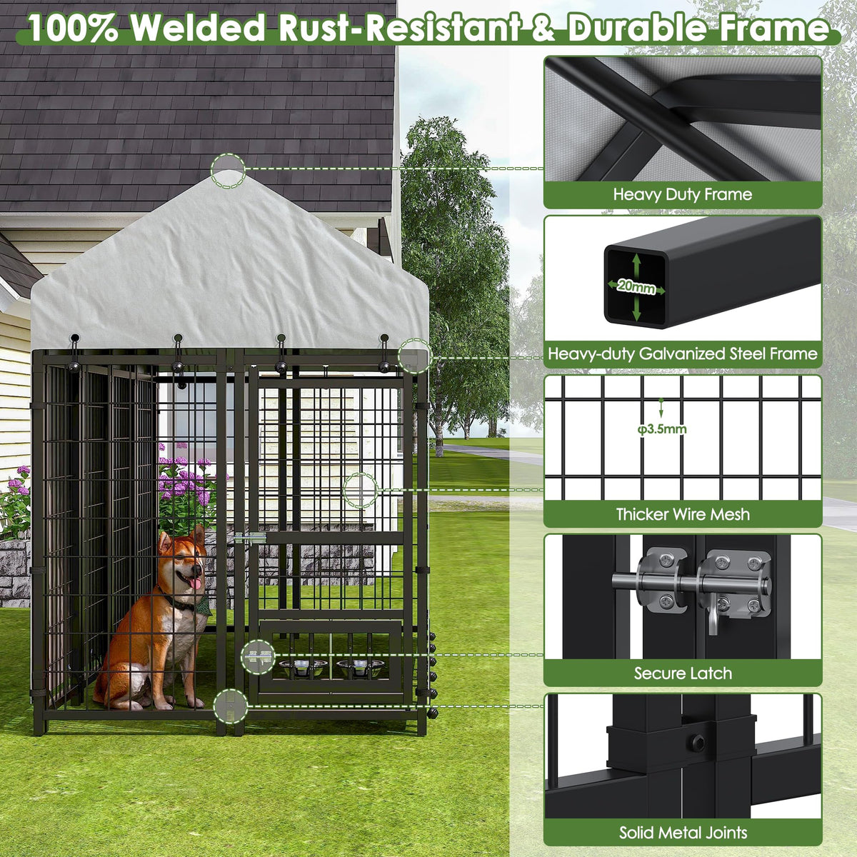8x4x6 FT Metal Dog Kennel with 2 Dog Bowls G645956