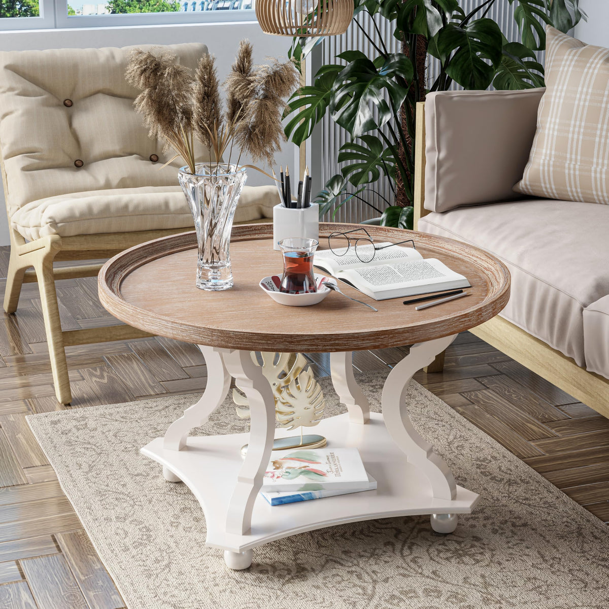 Round White Coffee Table with Tray Top I529