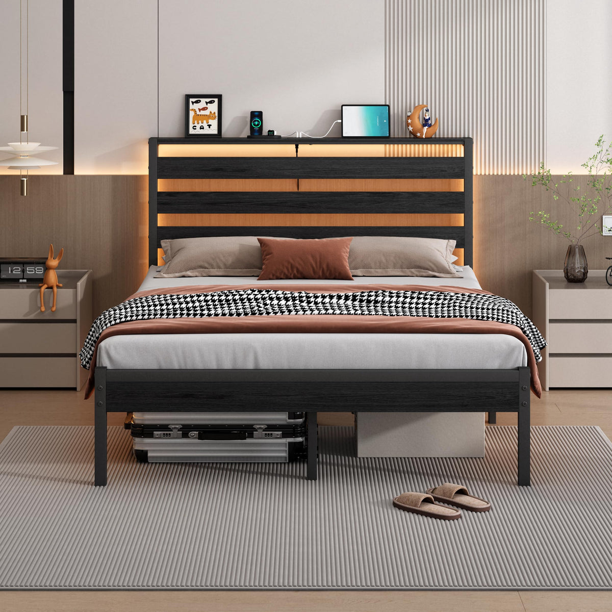 14 Inch Metal Platform Bed Frame with Headboard and USB Charging Station B2794