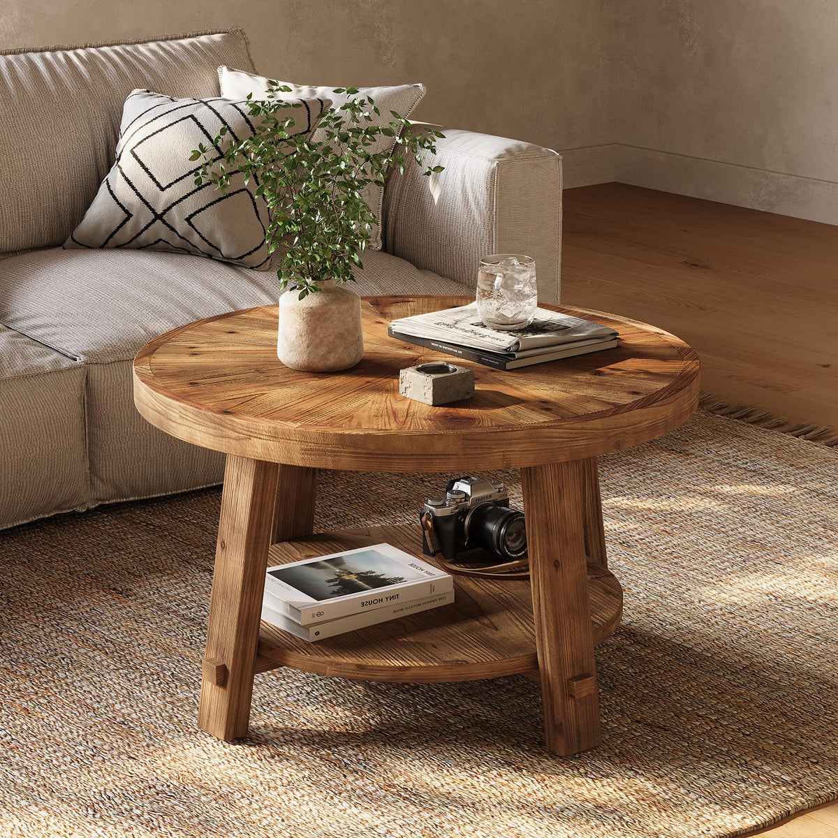 Solid Wood 2-Tier Round Coffee Table with Storage E3734