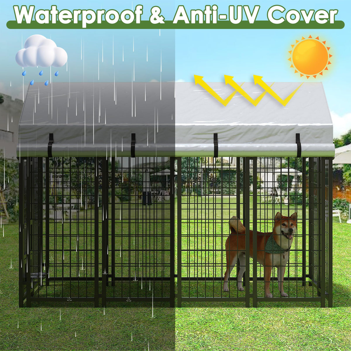 8x4x6 FT Metal Dog Kennel with 2 Dog Bowls G645956