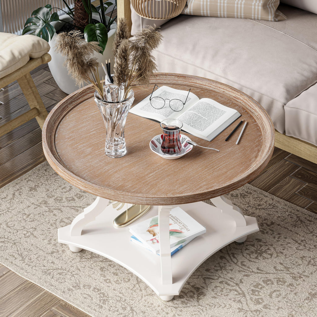 Round White Coffee Table with Tray Top I529