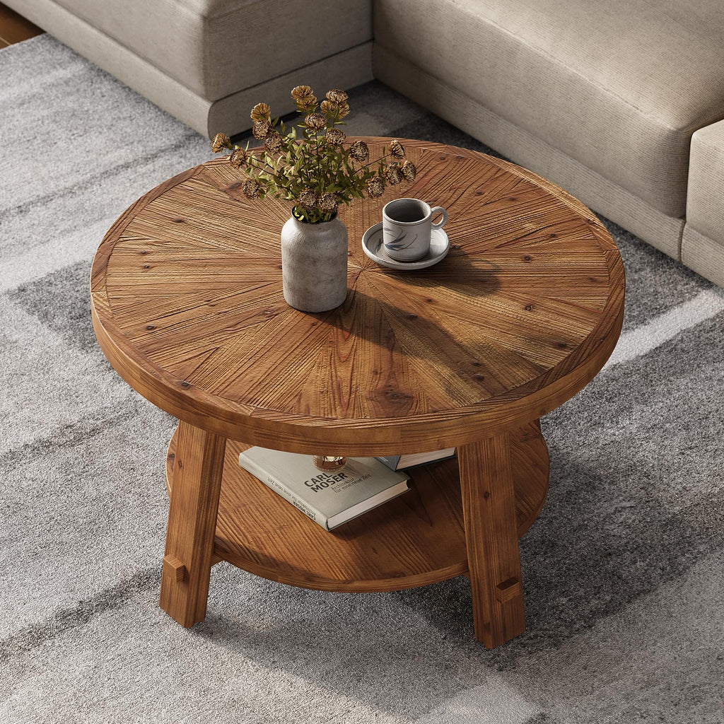 Solid Wood 2-Tier Round Coffee Table with Storage E3734