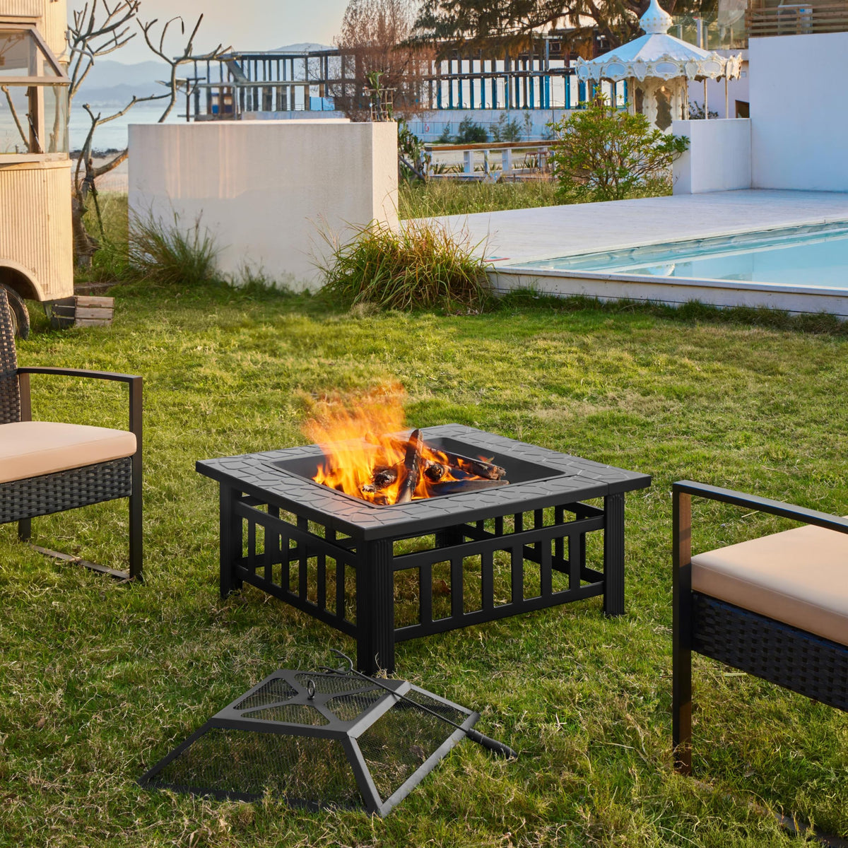 32in Square Metal Fire Pit Table X1198
