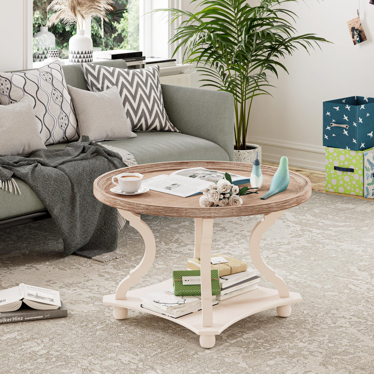Round White Coffee Table with Tray Top I529
