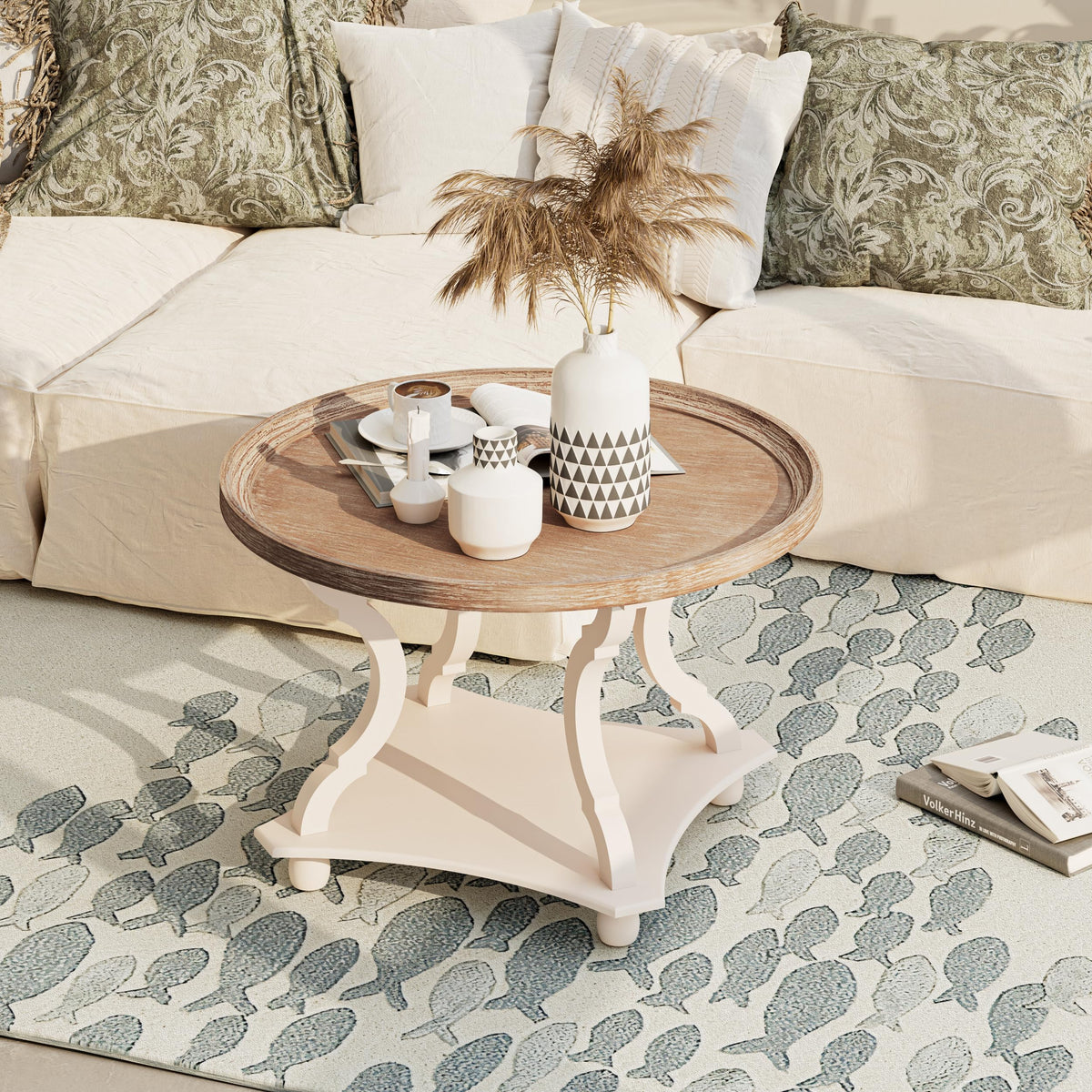 Round White Coffee Table with Tray Top I529